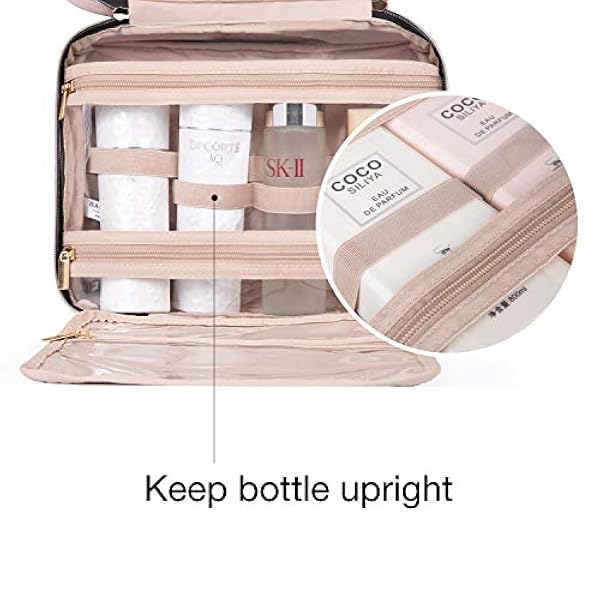 BAGSMART Neceser de viaje con gancho para colgar, bolsa de cosméticos de maquillaje resistente al agua, organizador de viaje para accesorios, champú, contenedor de tamaño completo, artículos de
